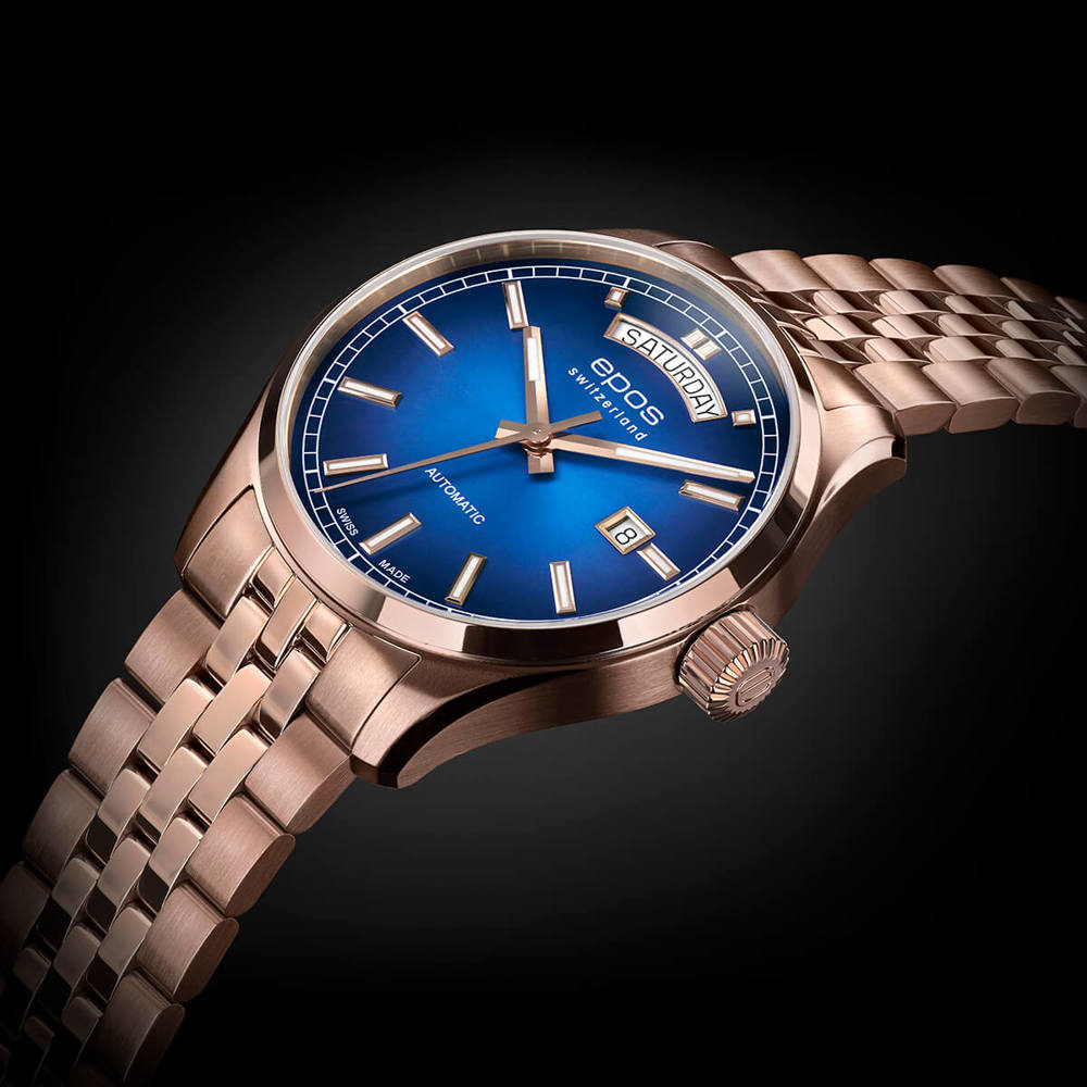 Epos Timeless 3501 Day Date Blau und Rosévergoldet mit Edelstahlband
