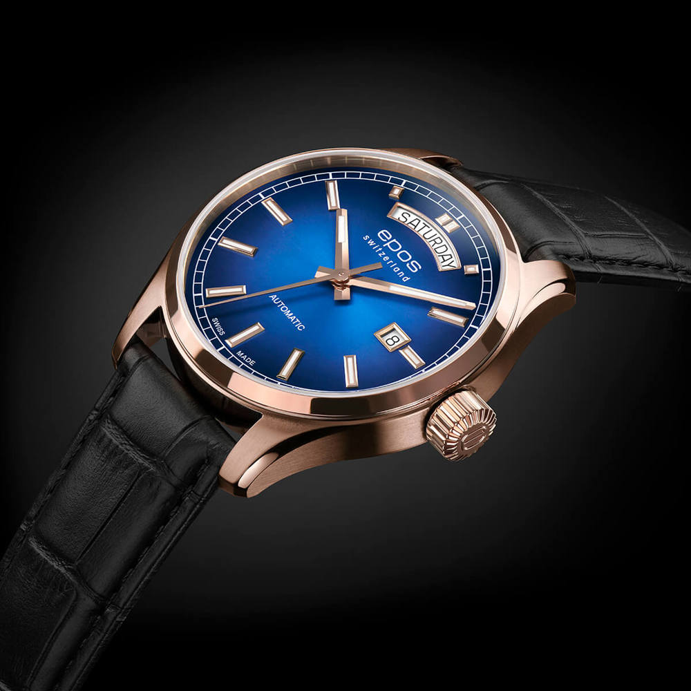Epos Timeless 3501 Day Date Blue and Rose Gold with Leather Strap