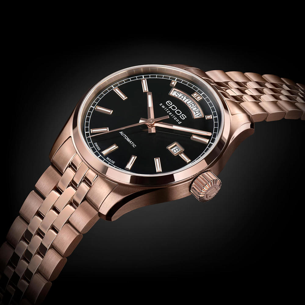 Epos Timeless 3501 Day Date Schwarz und Rosévergoldet mit Edelstahlband