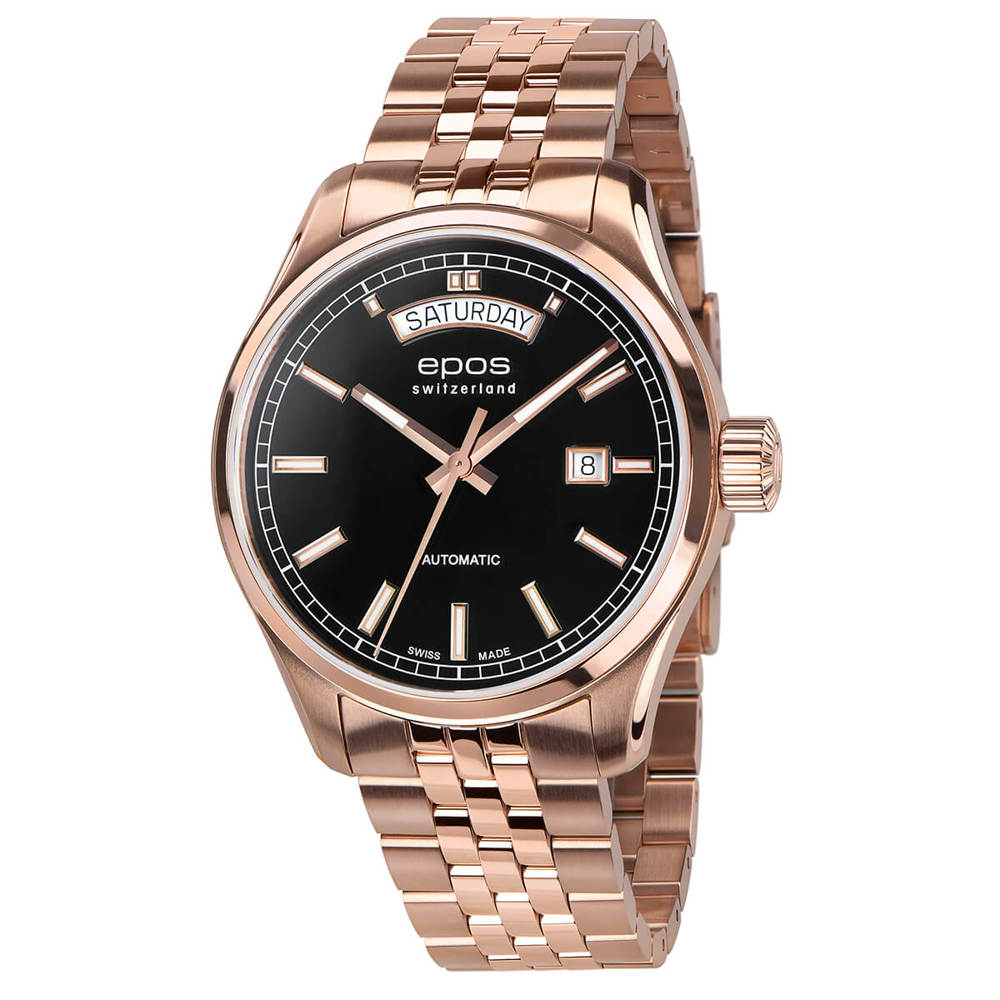 Epos Timeless 3501 Day Date Schwarz und Rosévergoldet mit Edelstahlband
