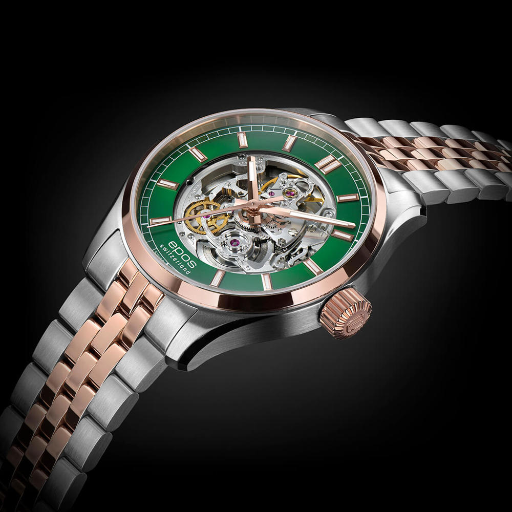 Epos Timeless 3501 Skeletonized Green and Rose Gold Bicolor with Stainless Steel Band