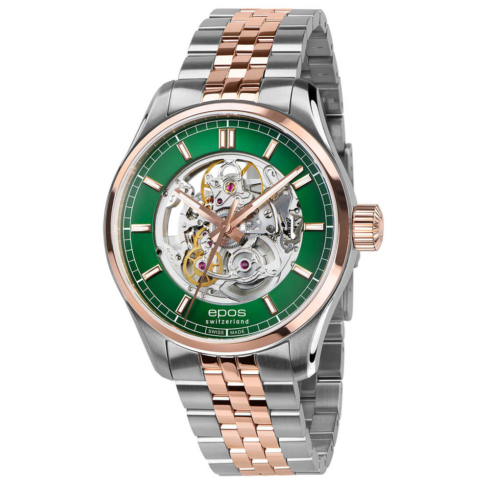 Epos Timeless 3501 Skeletonized Green and Rose Gold Bicolor with Stainless Steel Band
