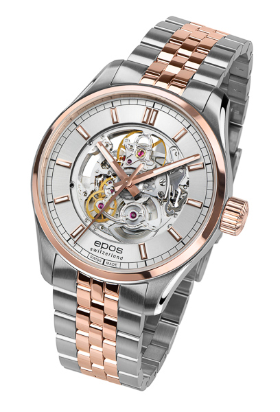 Epos Timeless 3501 Squelette Argent et Or Rose Bicolore avec Bracelet en Acier Inoxydable