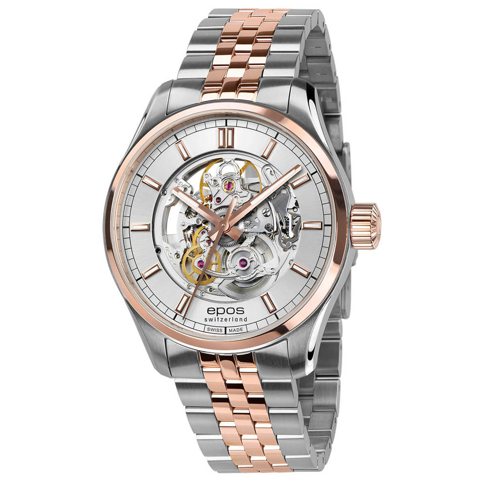 Epos Timeless 3501 Squelette Argent et Or Rose Bicolore avec Bracelet en Acier Inoxydable