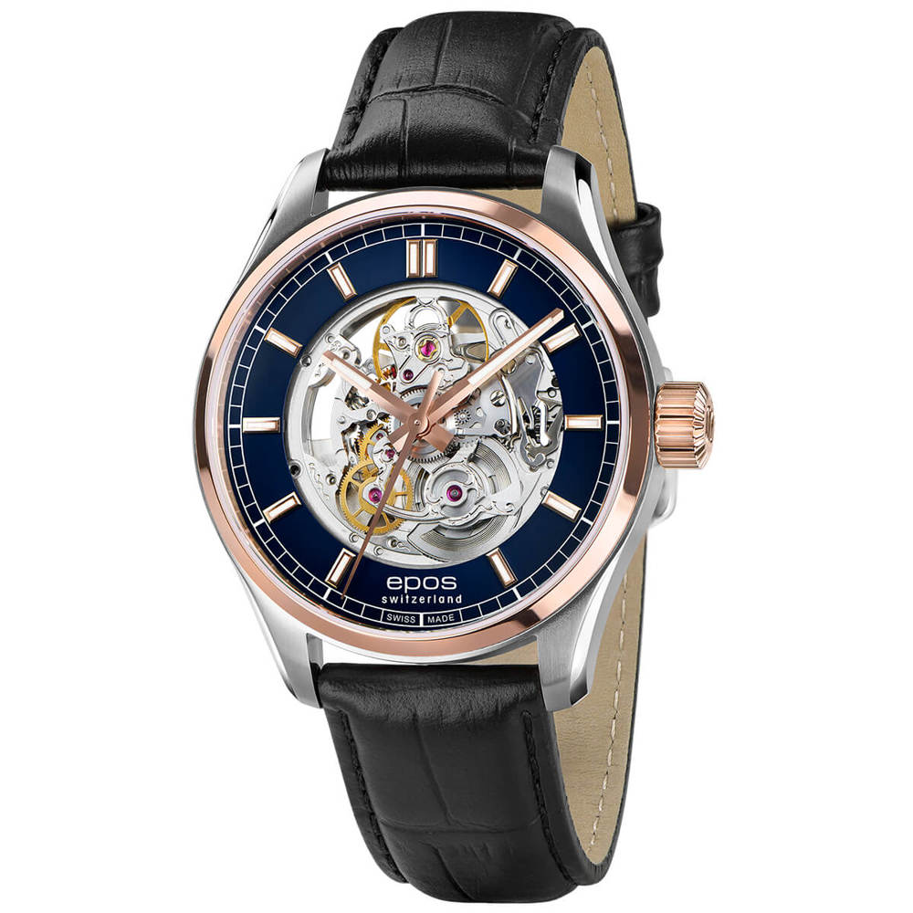 Epos Timeless 3501 Skeletonized Blue and Rose Gold Bicolor with Leather Strap