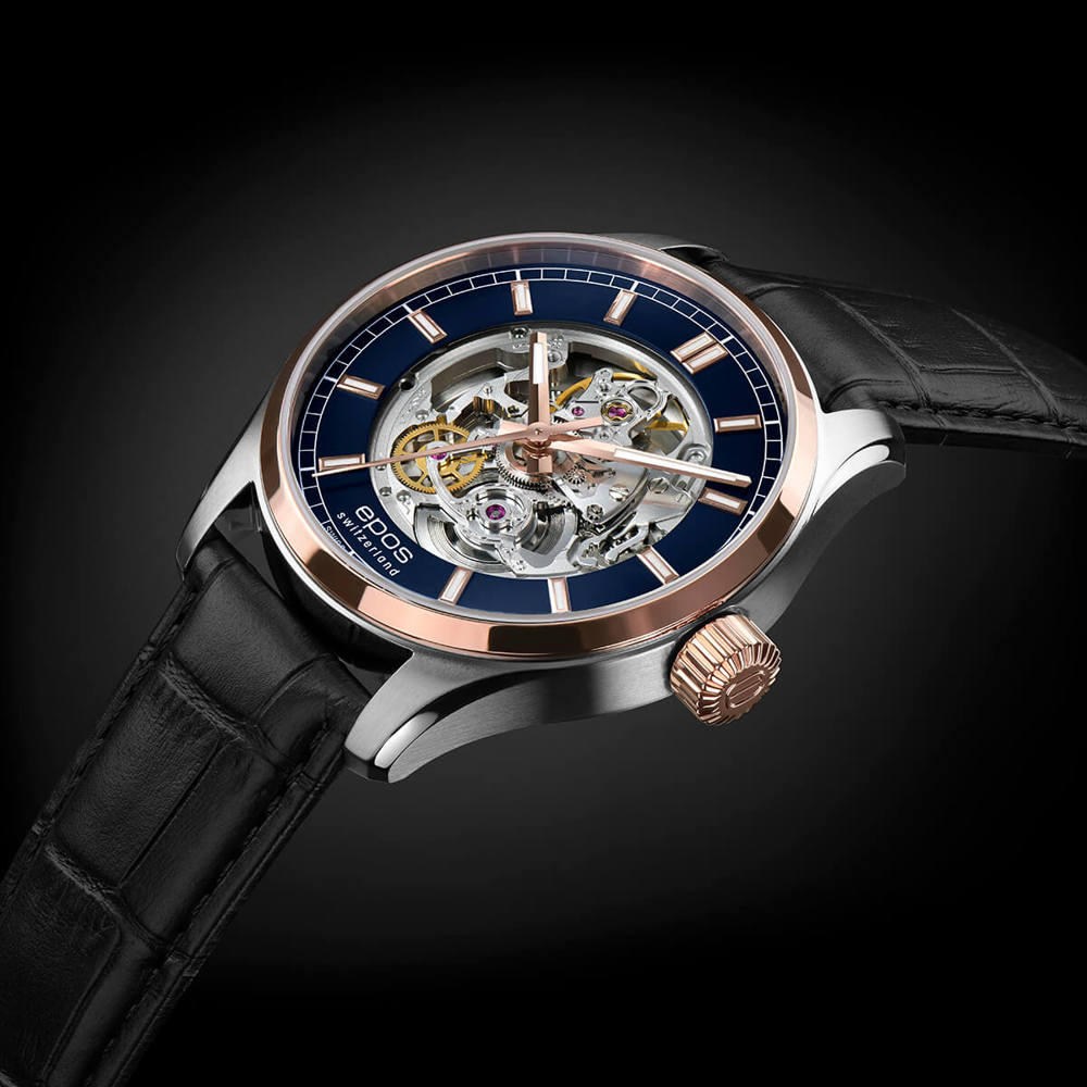 Epos Timeless 3501 Skeletonized Blue and Rose Gold Bicolor with Leather Strap