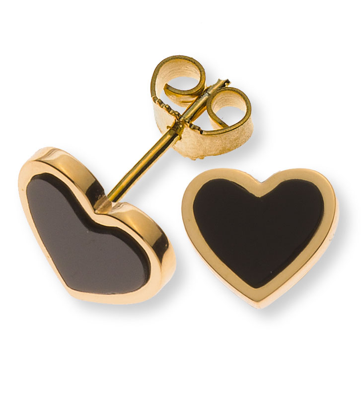 AURONOS Prestige Heart Stud Earrings 18K Yellow Gold with Onyx Hearts 