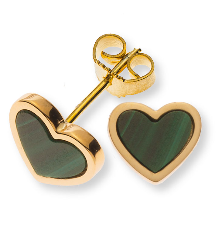 AURONOS Prestige Boucles d'oreilles cœur en or jaune 18 carats avec cœurs en malachite 