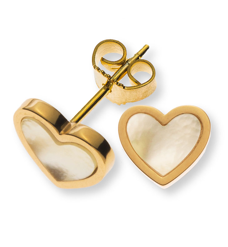 AURONOS Prestige Heart Stud Earrings 18K Yellow Gold with Mother-of-Pearl Hearts 