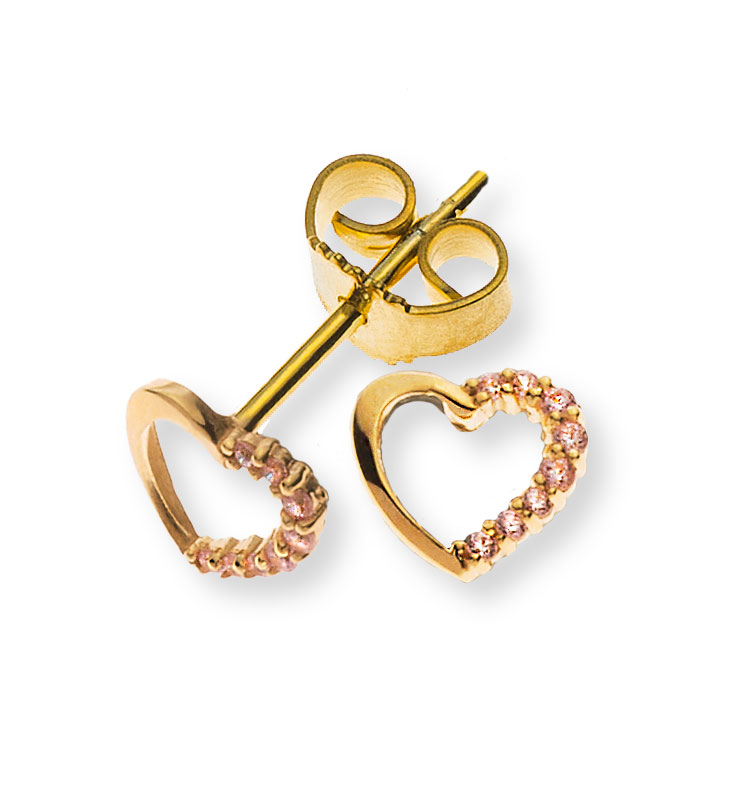 AURONOS Style Heart Stud Earrings 9K Yellow Gold with Pink Zirconia 6x6.5mm 