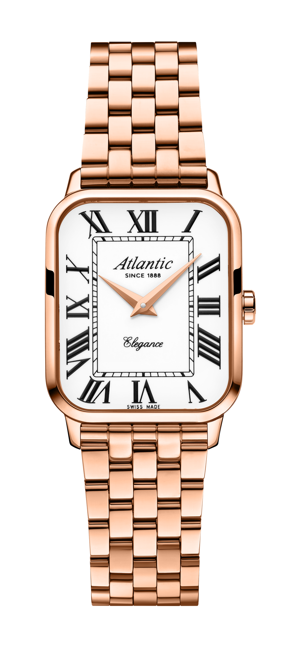 Atlantic Elegance Belle Rose Gold PVD avec chiffres romains et bracelet en acier inoxydable