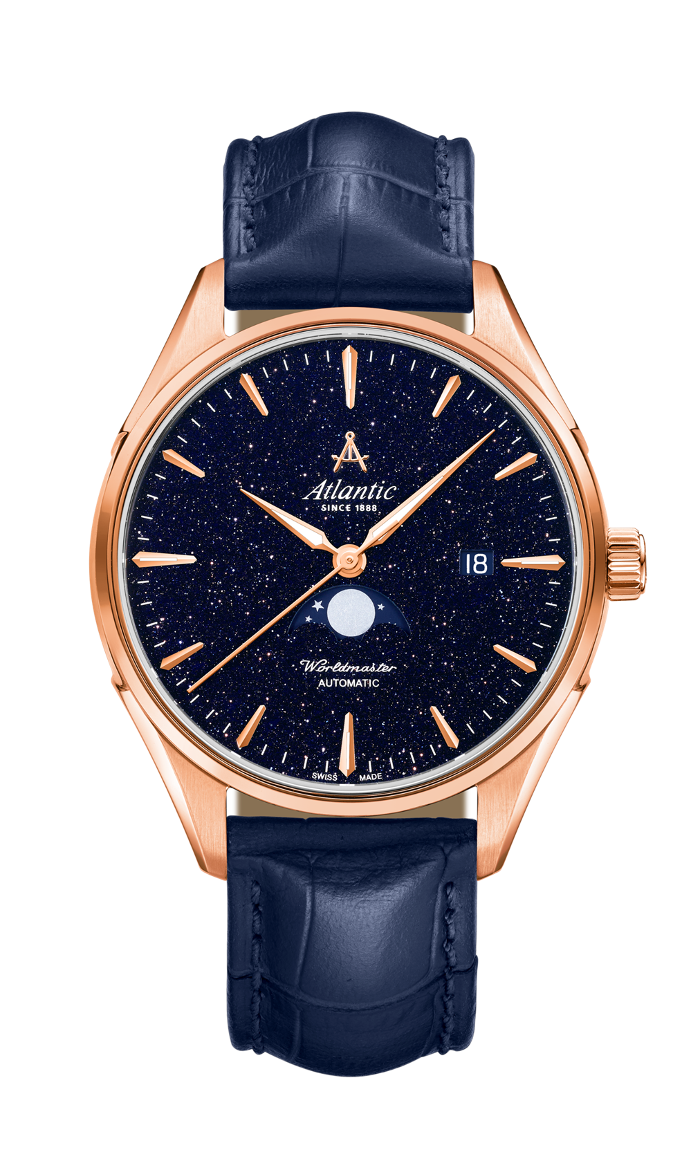 Atlantic Worldmaster Nightsky Moonphase Roségold mit blauem Aventurin-Zifferblatt und Lederarmband 