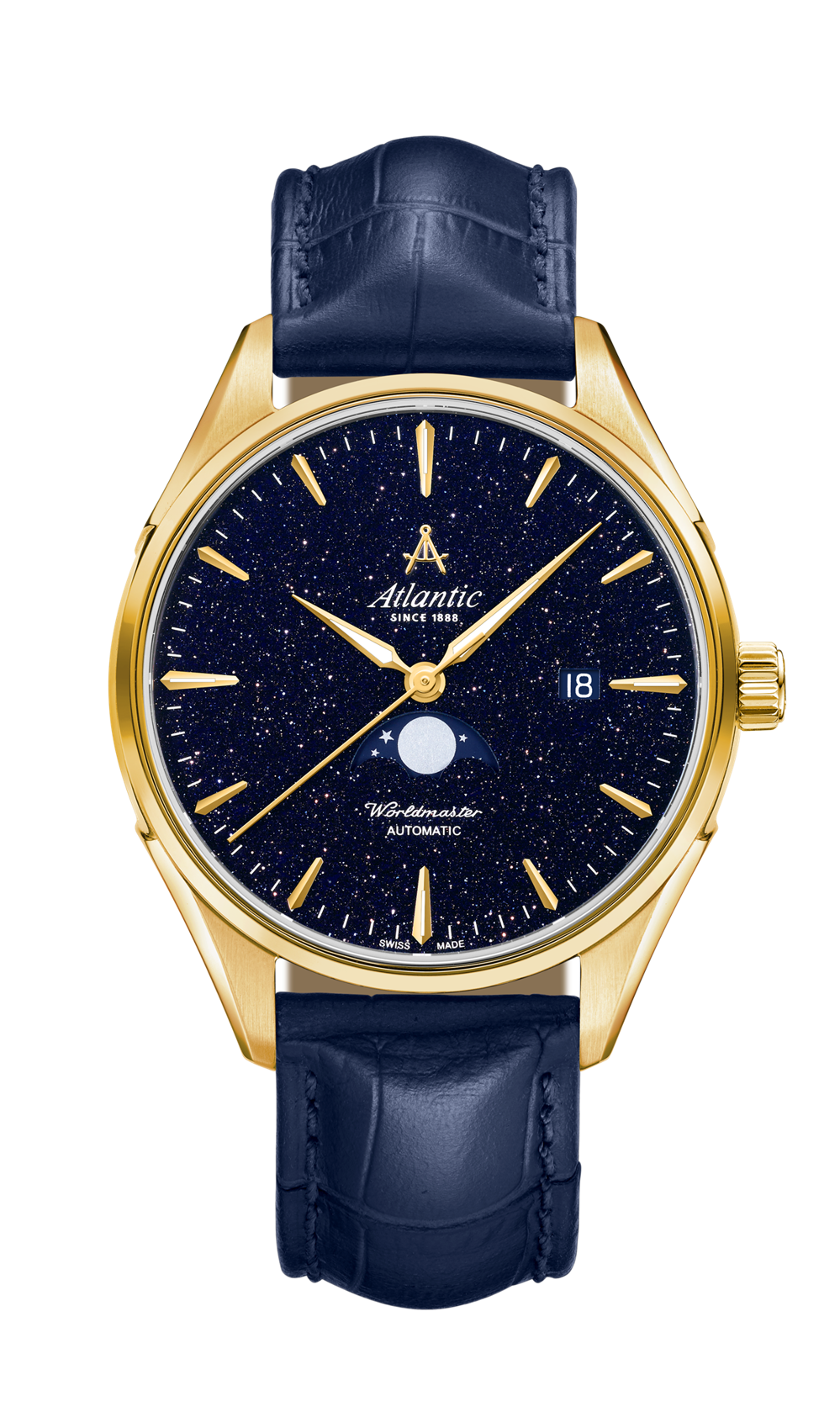 Atlantic Worldmaster Nightsky Moonphase Gelbgold PVD mit blauem Aventurin-Zifferblatt und Lederarmband