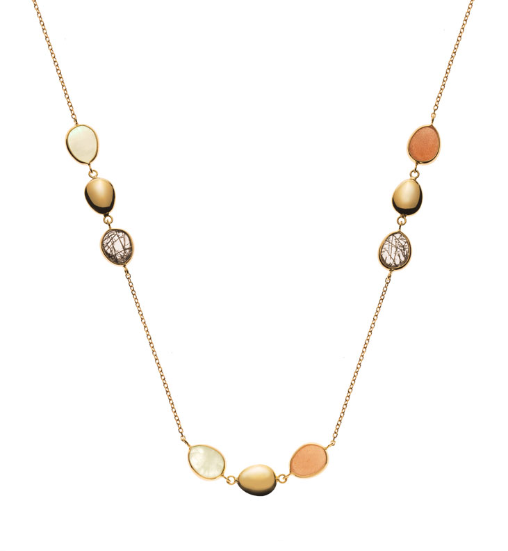 AURONOS Prestige Necklace 18K yellow gold with white aventurine, black rutilated quartz, peach moonstone 45cm