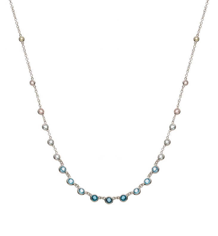 Collier AURONOS Prestige en or blanc 18 carats avec 6 Skytop, 3 Londontop, 6 Swisstop, 2 quartz citron et 4 quartz rose 45 cm