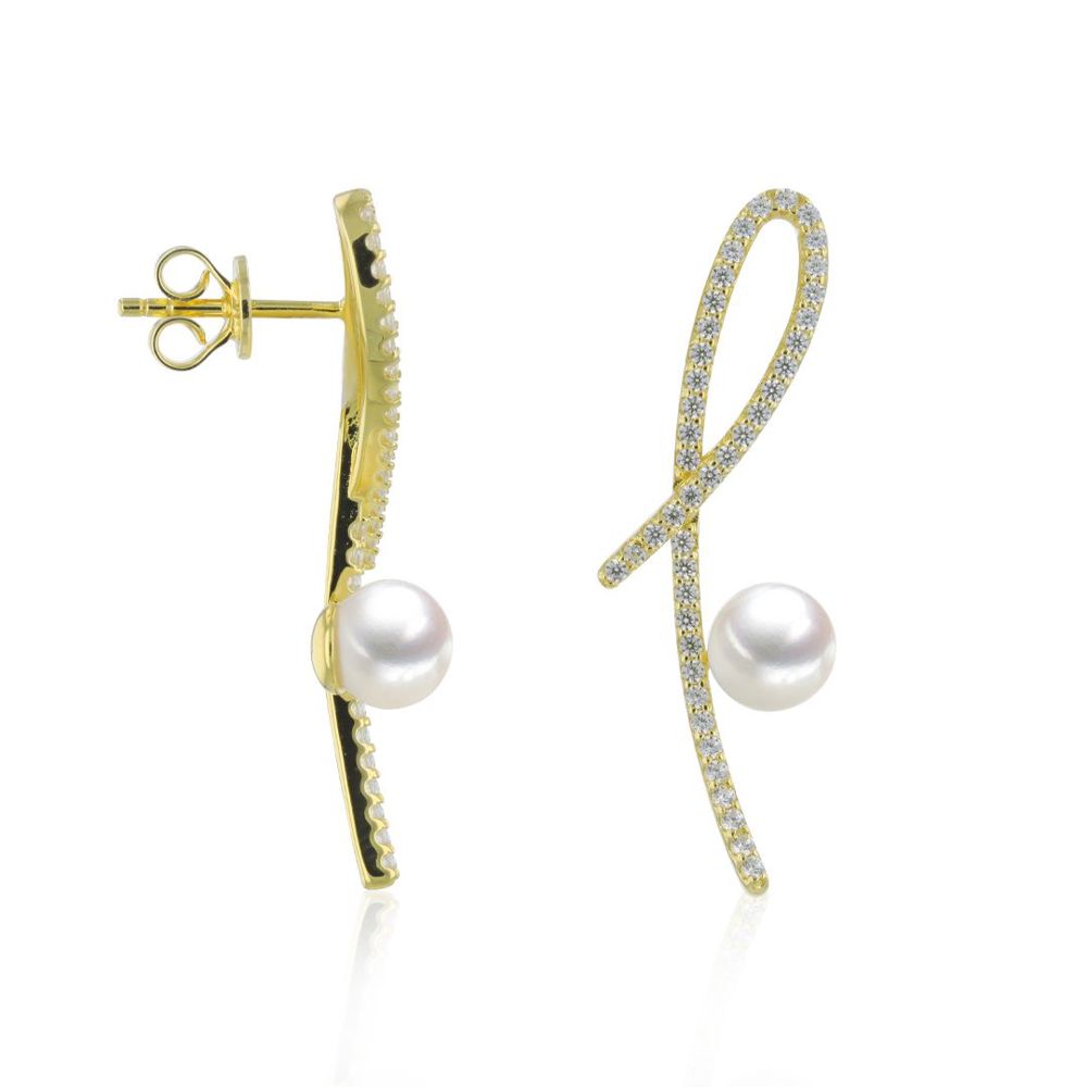 AURONOS Perlen Ohrstecker 925 Silber Vergoldet mit Süsswasserperle 6mm und Zirkonia