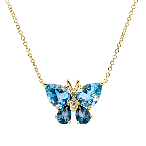 AURONOS Exclusive Butterfly Necklace 18K Yellow Gold with London Blue Topaz 3.7ct and Diamonds 0.05ct 43cm