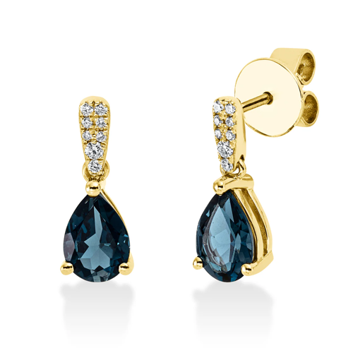 AURONOS Exclusive Stud Earrings 18K Yellow Gold with London Blue Topaz 1.42ct and Diamonds 0.06ct