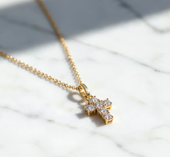 Collier Engelsrufer croix en argent 925 plaqué or avec zircone 45 cm