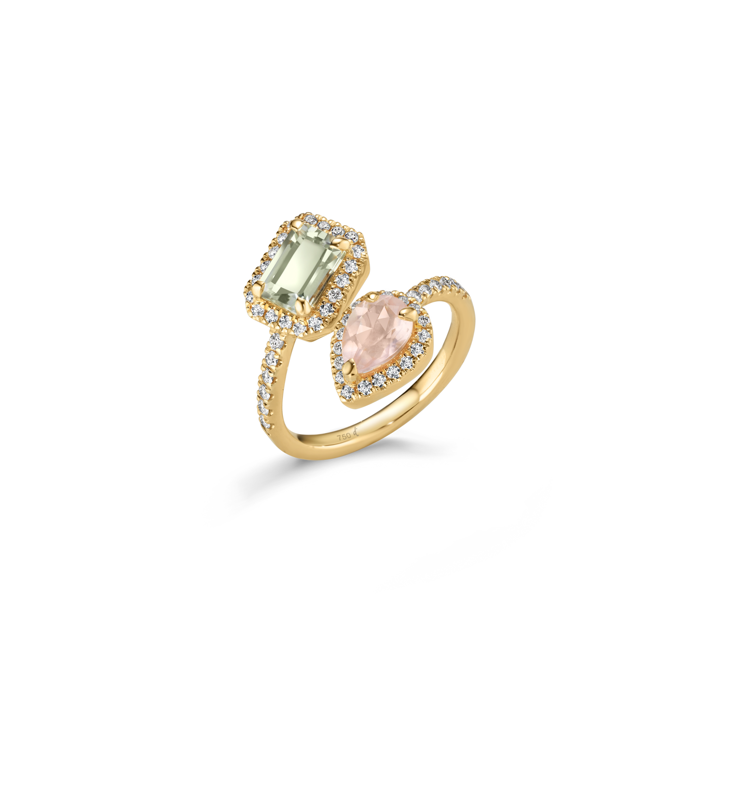 Ring Gelbgold mit Rosaquart, Prasiolith und Brillanten