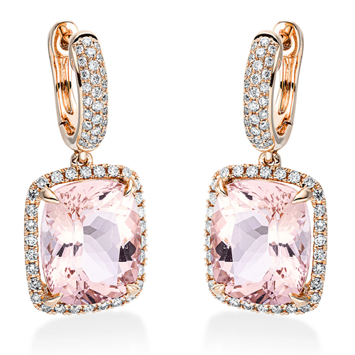 AURONOS Exclusive Dangle Earrings in 18K Rose Gold with 7.7 ct Pink Morganite and 0.51 ct Diamonds